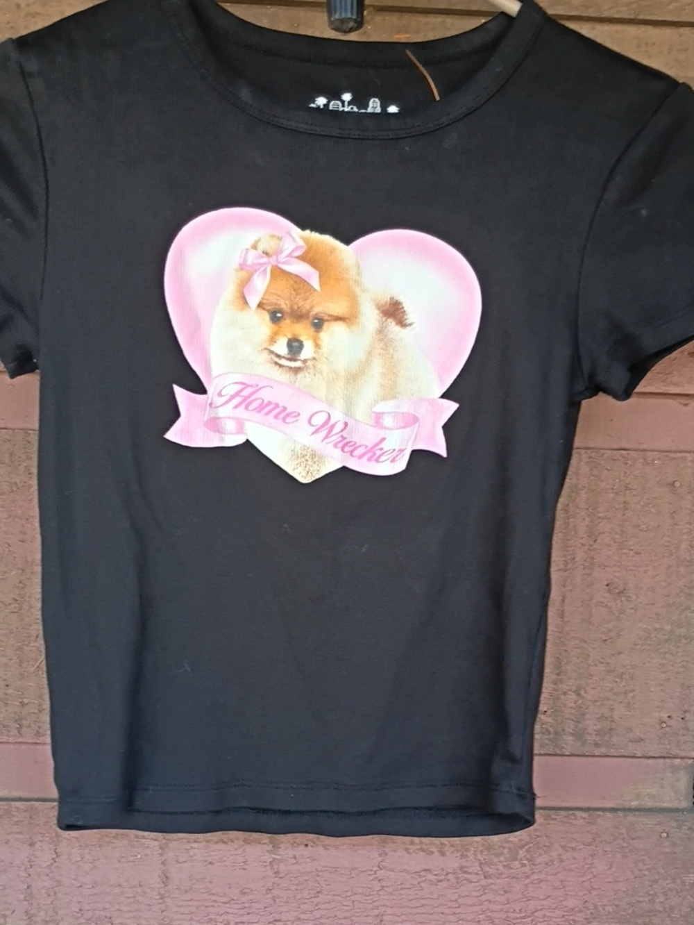 Black Crop Tee with Pink Heart Pomeranian Graphic